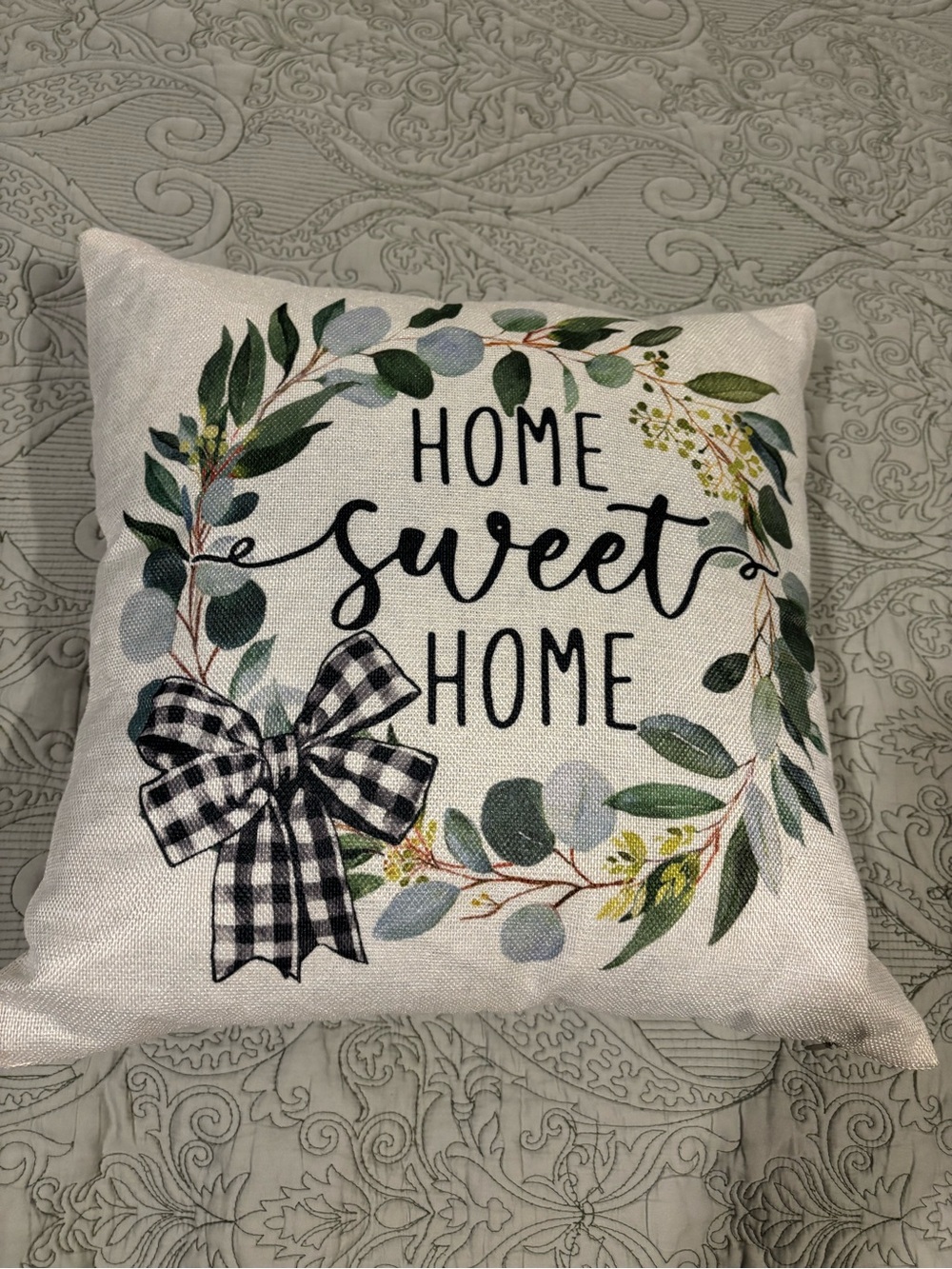 Home Sweet Home Decorative Pillow - Green Wreath Design